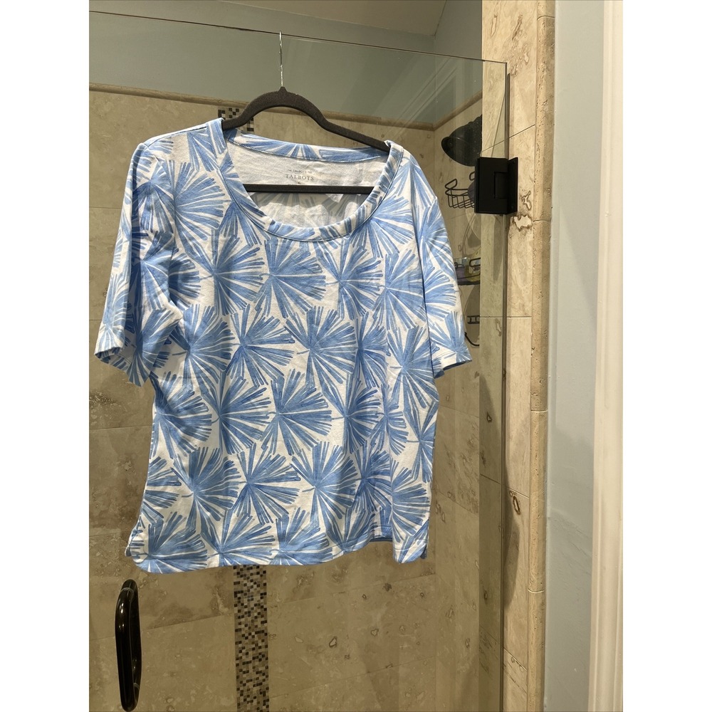 Talbots The Talbots Tee Womens XL Blue White Tropical Palm Print Boat Neck Top